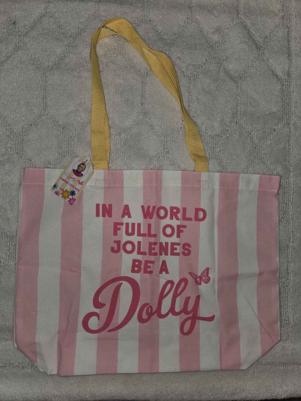 Pink & White Striped Dolly Tote with Yellow Handles